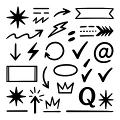 Hand-drawn doodle style arrows, shapes, and sketch symbols set, Transparent Background
