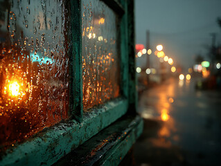 a rainy night scene with raindrops on a window pane. The street is wet with reflections of streetlights and a parked car under the rain.