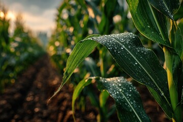 Dew Covered Corn Leaves at Sunrise Lush Green Foliage and Dark Soil