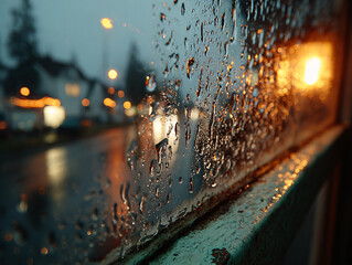 a rainy night scene with raindrops on a window pane. The street is wet with reflections of streetlights and a parked car under the rain.