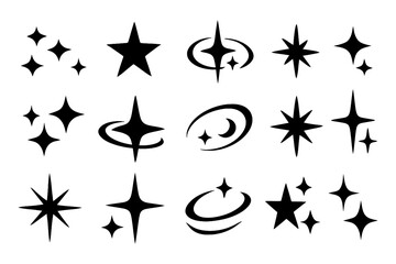 Sparkle and orbit logo icons in black silhouette style for futuristic branding, Transparent Background © FriskySloths