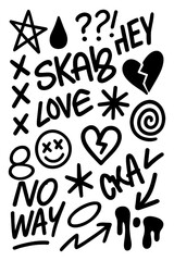 Grunge doodle elements with skull, hearts, arrows, and expressive handwritten words, Transparent Background