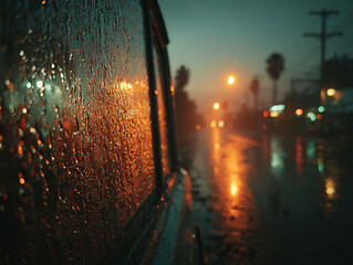 a rainy night scene with raindrops on a window pane. The street is wet with reflections of streetlights and a parked car under the rain.