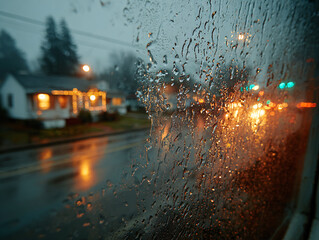 a rainy night scene with raindrops on a window pane. The street is wet with reflections of streetlights and a parked car under the rain.