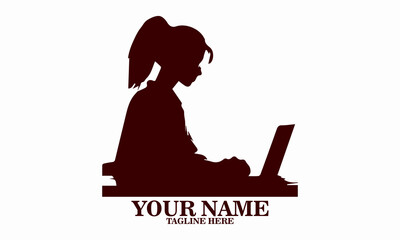Business lady working on laptop pc sitting at desk, single working women's day icon. vector illustration and logo design