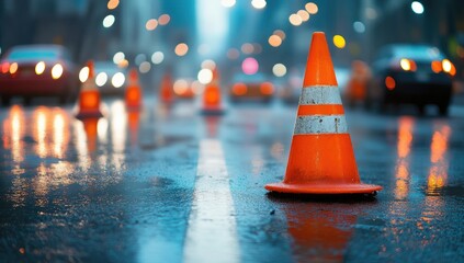 Orange traffic cones on a wet city street at night (1)