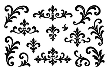 Hand-drawn fleur-de-lis symbol variations in black outline sketch style, Transparent Background