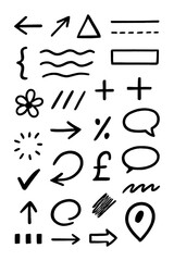 Hand-drawn doodle style arrows, shapes, and sketch symbols set, Transparent Background