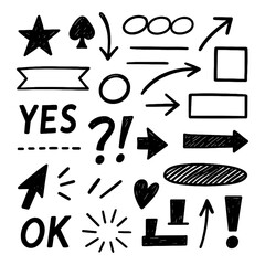 Hand-drawn doodle style arrows, shapes, and sketch symbols set, Transparent Background