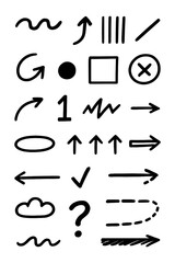 Hand-drawn doodle style arrows, shapes, and sketch symbols set, Transparent Background