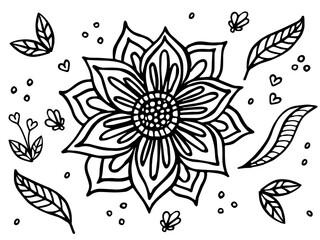 Vector Hand Drawn Floral Mandala Coloring Page for Kids and Adults. Doodle linear design with Leaves, Hearts, and Cute Elements. Black and White Line Art for Printable, Coloring Book, Anti-Stress