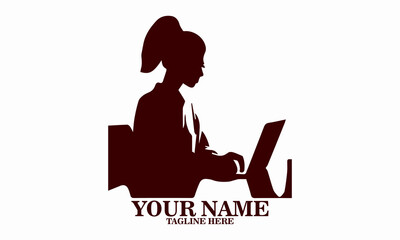 Business lady working on laptop pc sitting at desk, single working women's day icon. vector illustration and logo design