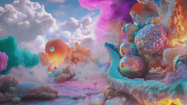 Surreal alien terrain with vibrant clouds and glowing organic forms, AI generated.