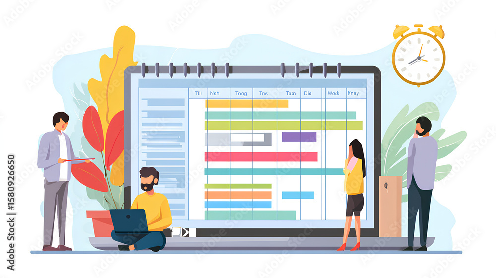 Poster project management tool concept. business people use laptop to manager working projects and update t