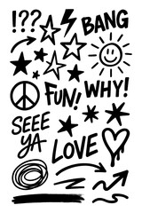 Grunge doodle elements with skull, hearts, arrows, and expressive handwritten words, Transparent Background