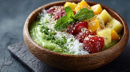 Green Smoothie Bowl with Strawberries and Mango