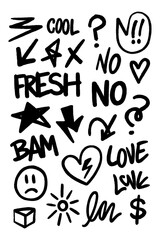 Grunge doodle elements with skull, hearts, arrows, and expressive handwritten words, Transparent Background