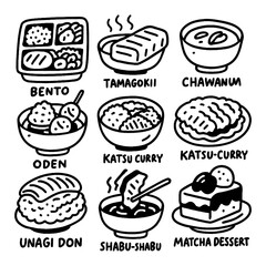 Hand drawn food and drink icons in black outline style, Transparent Background