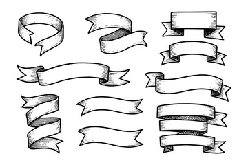 Hand-drawn vintage ribbon and banner collection in sketch style with curled edges and shading, Transparent Background