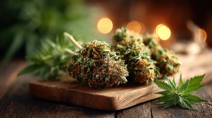 Three Dried Cannabis Buds on Wood with Bokeh