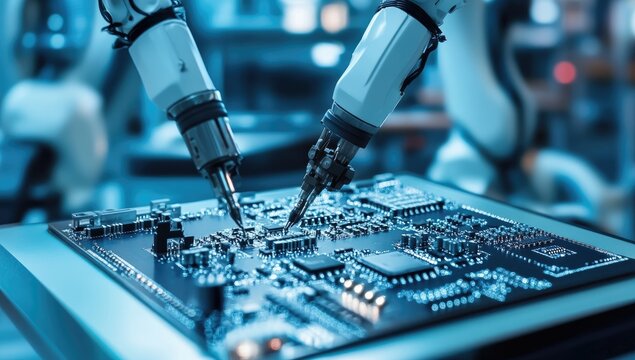 Robotic arms soldering a circuit board in a factory