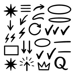 Hand-drawn doodle style arrows, shapes, and sketch symbols set, Transparent Background