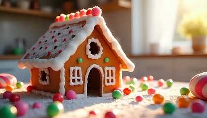 Decorated Gingerbread House on a Snowy Surface