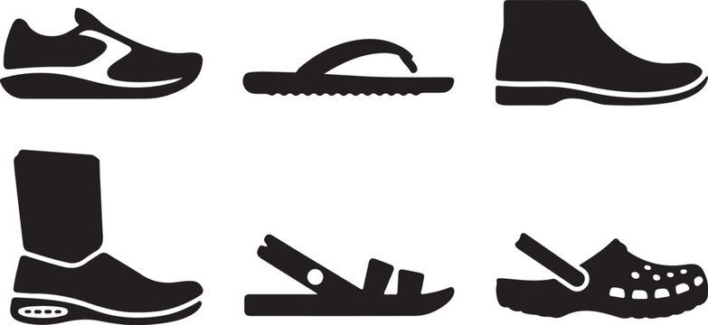 Six black shoe icons footwear white vector