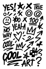 Grunge doodle elements with skull, hearts, arrows, and expressive handwritten words, Transparent Background
