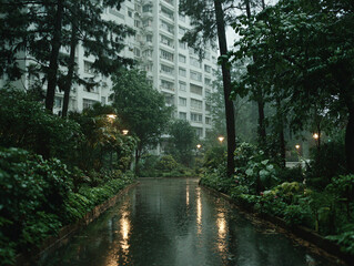 rainy day in a dense urban area, with tall buildings and a well-maintained garden pathway. The wet path reflects the light from nearby lamps, and various plants and flowers adorn the garden area.
