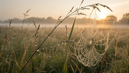 Close-Up of Dewy Spider Web at Sunrise in Meadow