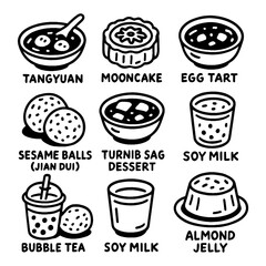 Hand drawn food and drink icons in black outline style, Transparent Background