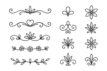 Hand-drawn fleur-de-lis symbol variations in black outline sketch style, Transparent Background