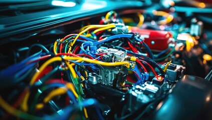 Close-up of a car engine bay with colorful wires and components