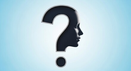 A conceptual design features a question mark with a human face profile, symbolizing inquiry, introspection, and the search for answers in a modern, minimalist style.