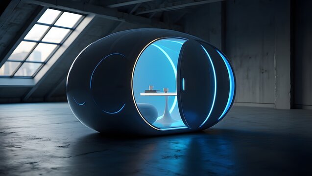 Futuristic Private Pod Office: Serene Blue Lighting, Modern Minimalist Design, Open Door, Loft Setting.
