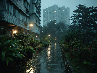 rainy day in a dense urban area, with tall buildings and a well-maintained garden pathway. The wet path reflects the light from nearby lamps, and various plants and flowers adorn the garden area.