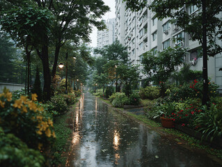 rainy day in a dense urban area, with tall buildings and a well-maintained garden pathway. The wet path reflects the light from nearby lamps, and various plants and flowers adorn the garden area.
