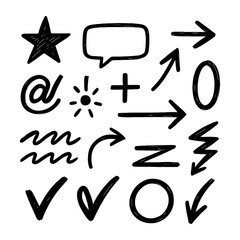 Hand-drawn doodle style arrows, shapes, and sketch symbols set, Transparent Background