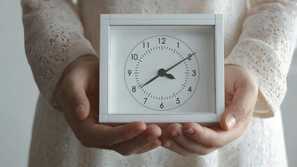 Woman holding a white square clock in her hands.