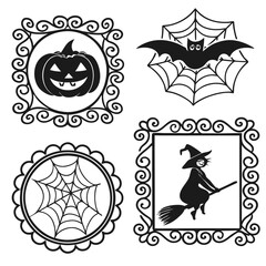 Obraz premium Four halloween themed images with a pumpkin, bat in web, spider web, and witch on a broom in frames design