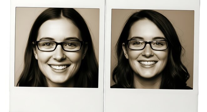 Two sepia-toned Polaroid portraits of a smiling woman with glasses, showcasing subtle differences in expression and hair.