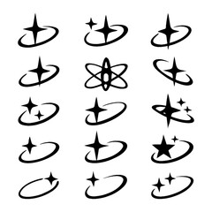 Sparkle and orbit logo icons in black silhouette style for futuristic branding, Transparent Background © FriskySloths