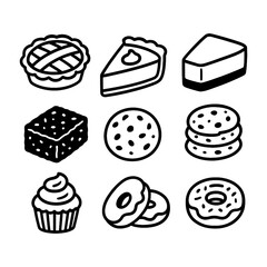 Hand-drawn dessert and pastry icon set including pie, donuts, and cupcakes, Transparent Background