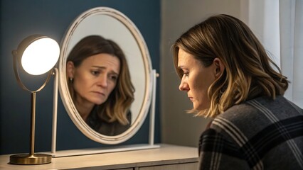 Woman looking at herself in a mirror with a sad or pensive expression