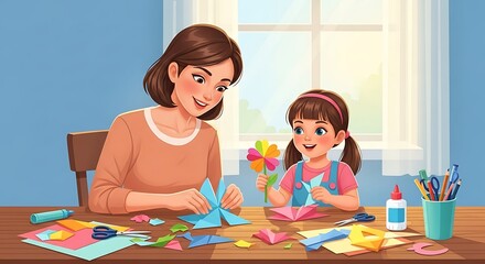 Mother and daughter making spring crafts together