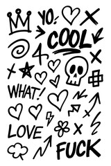 Grunge doodle elements with skull, hearts, arrows, and expressive handwritten words, Transparent Background