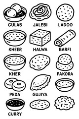 Hand-drawn Indian food icon set featuring gulab jamun, jalebi, barfi, pakora, curry, and more, Transparent Background