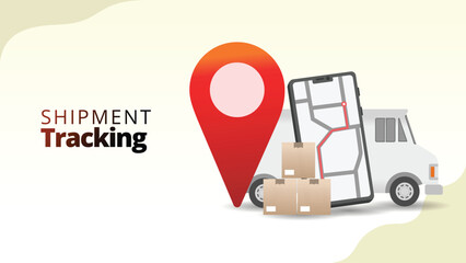shipment tracking concept. geo location icon with smartphone on rute map application and delivery van. supply chain managemnt isometric 3d style vector illustration