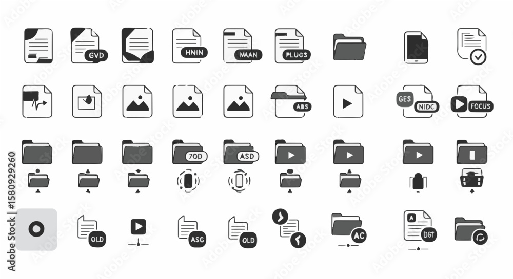Poster collection of document and file type icons in minimalist black and white style